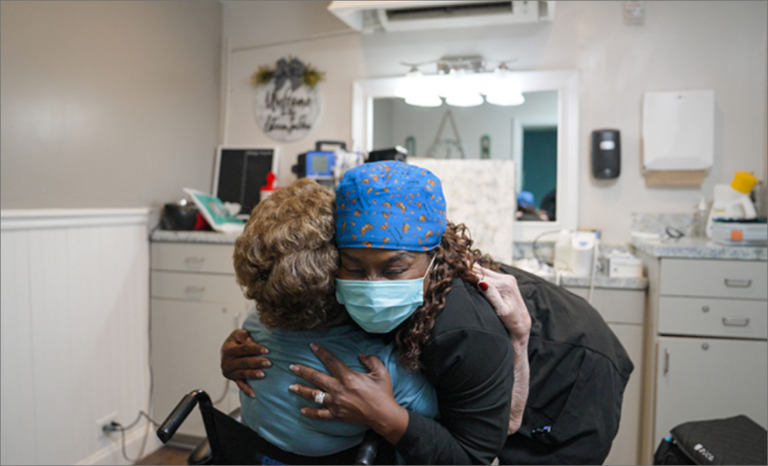 Elderly senior patient receiving dental care access from mobile dental professional